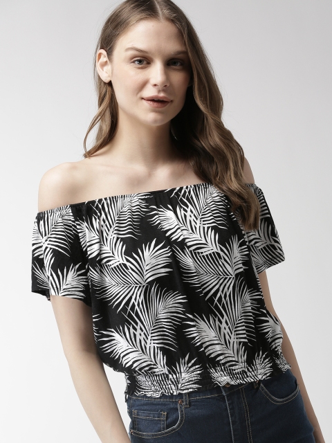 

FOREVER 21 Women Black & White Tropical Printed Knitted Bardot Top