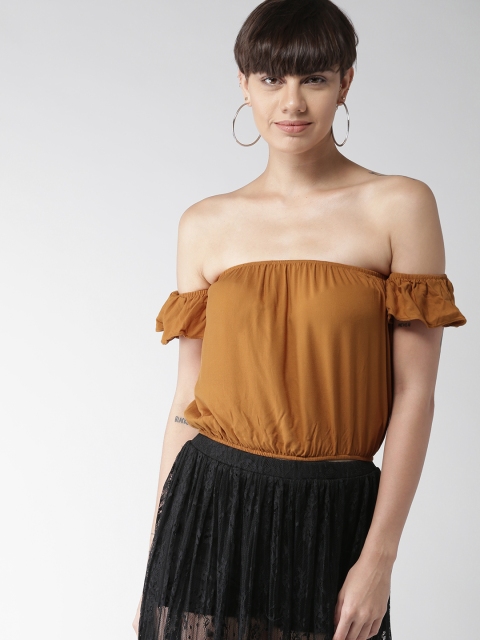 

FOREVER 21 Women Mustard Brown Solid Bardot Top