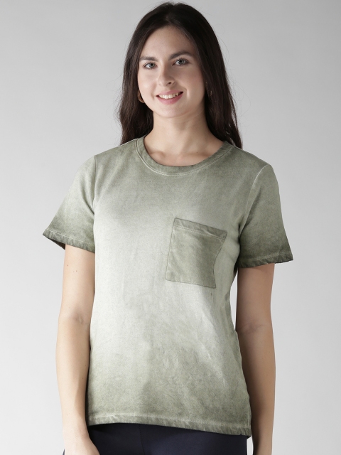 

FOREVER 21 Women Olive Green Solid Round Neck T-shirt