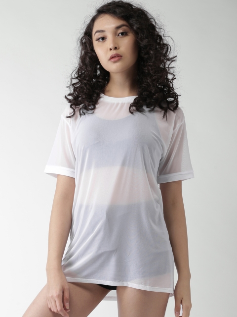 

FOREVER 21 Women White Solid Longline Sheer Top