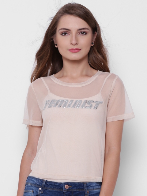 

FOREVER 21 Women Beige Embellished Sheer Boxy Top