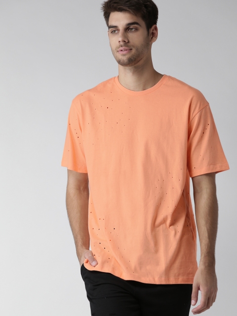 

FOREVER 21 Men Coral Orange Solid Round Neck T-shirt