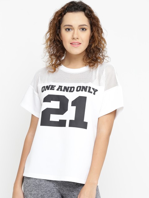 

FOREVER 21 Women White Printed Round Neck T-shirt