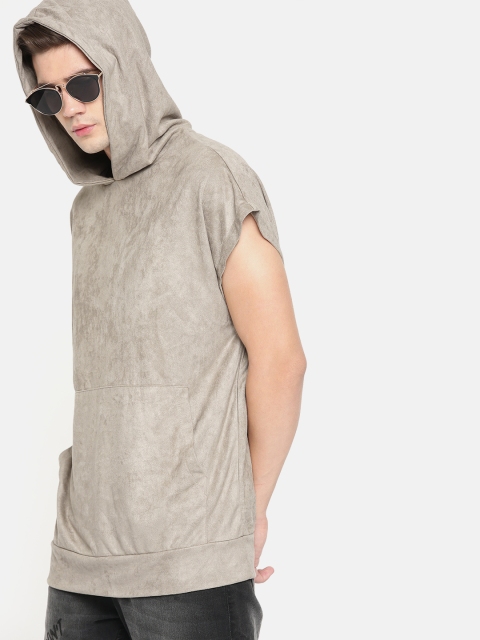 

FOREVER 21 Men Grey Solid Hooded T-shirt
