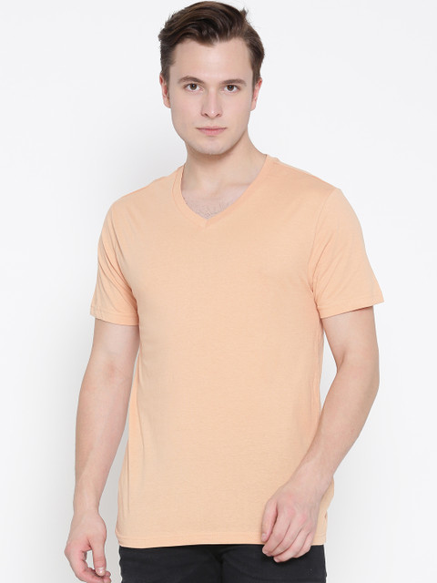 

FOREVER 21 Men Peach-Coloured Solid V-Neck T-shirt