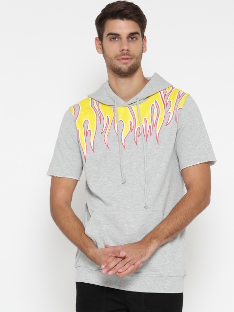 

FOREVER 21 Men Grey Melange Printed Hooded T-shirt