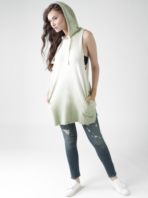 

FOREVER 21 Women Off-White & Green Dyed Longline Hooded Sweatshirt