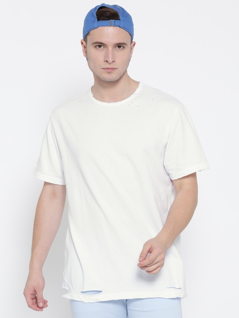 

FOREVER 21 Men White Solid Round Neck T-shirt with Cut-Outs