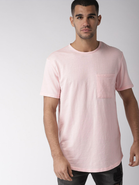 

FOREVER 21 Men Pink Solid Round Neck Longline T-shirt