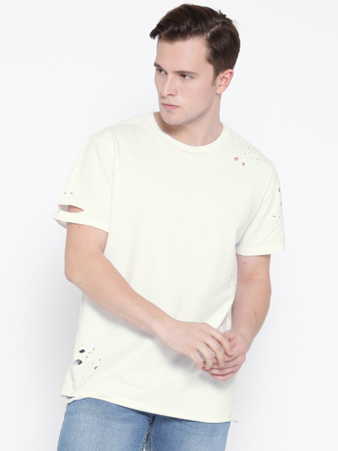

FOREVER 21 Men White Solid Round Neck T-shirt