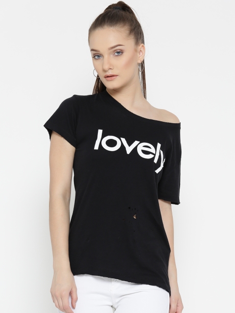 

FOREVER 21 Women Black Printed Round Neck T-shirt