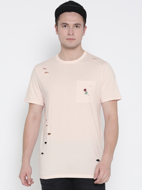 

FOREVER 21 Men Pink Solid Round Neck T-shirt with Cut-Outs