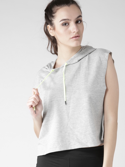 

FOREVER 21 Women Grey Melange Solid Sleeveless Hooded T-shirt