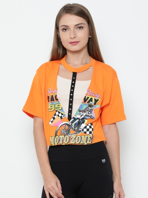 

FOREVER 21 Women Orange Cut-Out Detail Printed Boxy Crop Pure Cotton Top