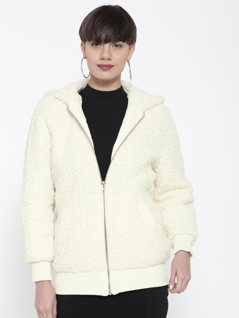 

FOREVER 21 Women Off-White Solid Fuzzy Hooded Bomber Jacket