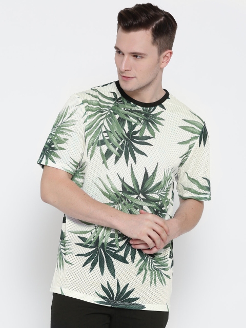 

FOREVER 21 Men White & Green Printed Round Neck Mesh T-shirt