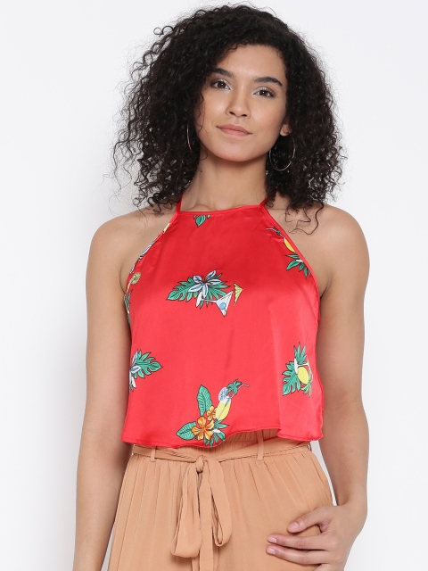 

FOREVER 21 Women Red Printed Crop Styled Back Top