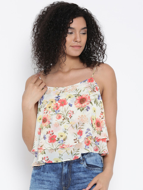 

FOREVER 21 Women Off-White & Pink Foral Print Layered A-Line Top