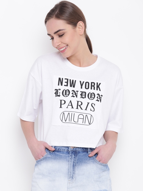 

FOREVER 21 Women White Printed Round Neck Boxy T-shirt