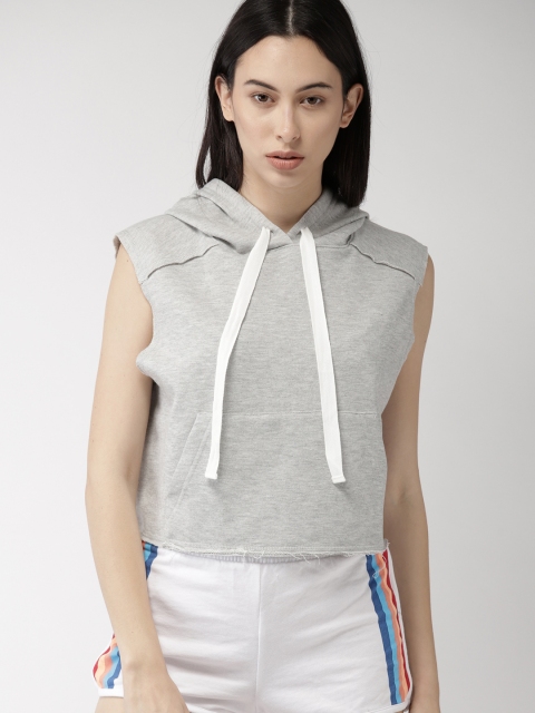 

FOREVER 21 Women Grey Melange Solid Hood T-shirt