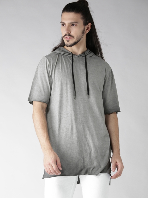 

FOREVER 21 Men Grey Solid Dyed Hooded T-shirt