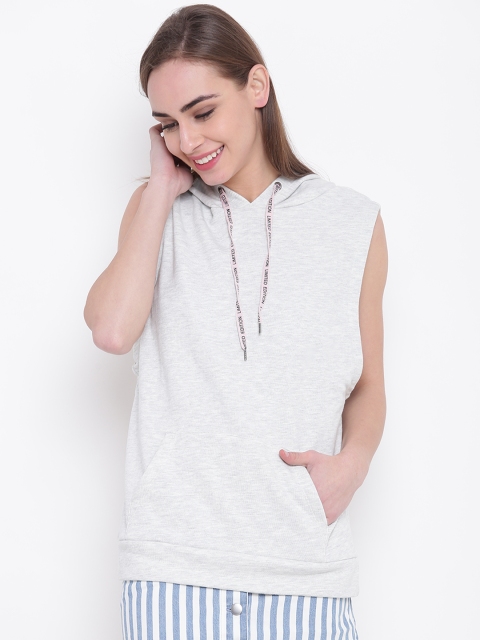 

FOREVER 21 Women Grey Melange Solid Hooded Sleeveless Sweatshirt