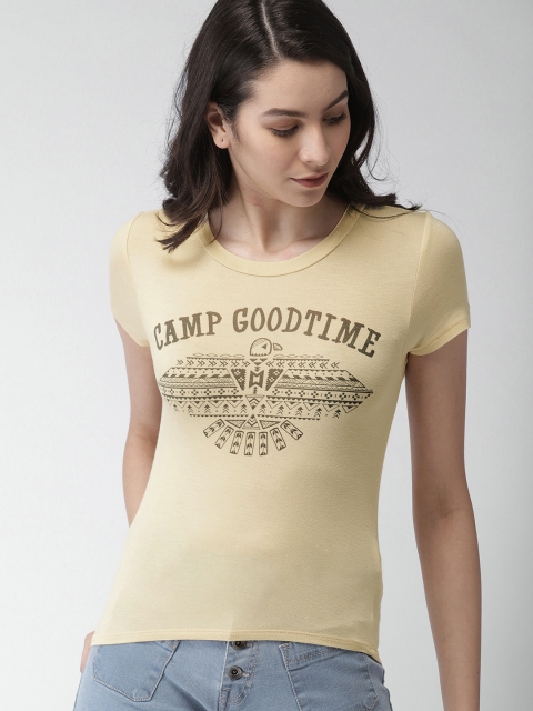 

FOREVER 21 Women Cream & Grey Printed Round Neck T-shirt
