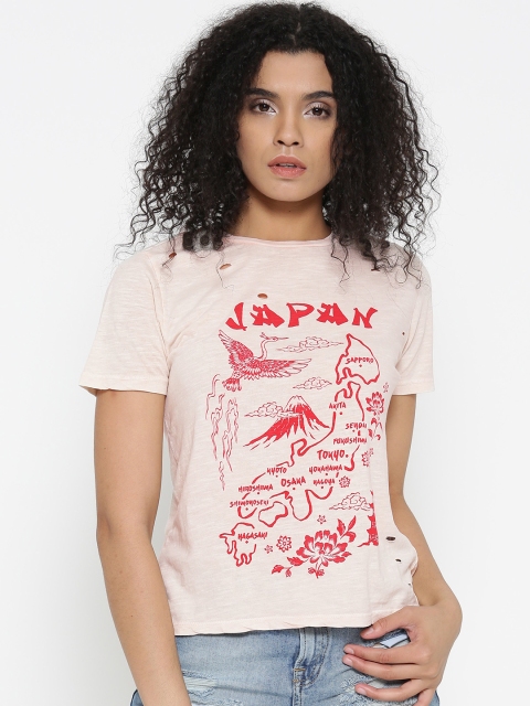 

FOREVER 21 Women Peach-Coloured Printed Round Neck T-shirt