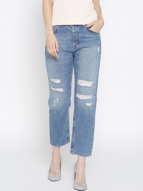 

FOREVER 21 Women Blue Regular Fit Mid-Rise Mildly Distressed Cropped Jeans