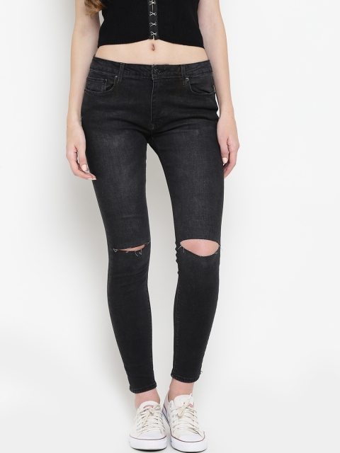 

FOREVER 21 Women Black Regular Fit Mid-Rise Slash Knee Stretchable Jeans