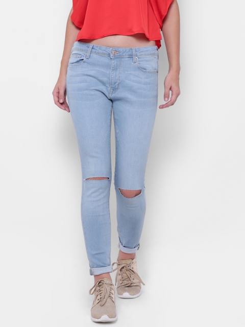 

FOREVER 21 Women Blue Skinny Fit Low-Rise Slash Knee Stretchable Jeans