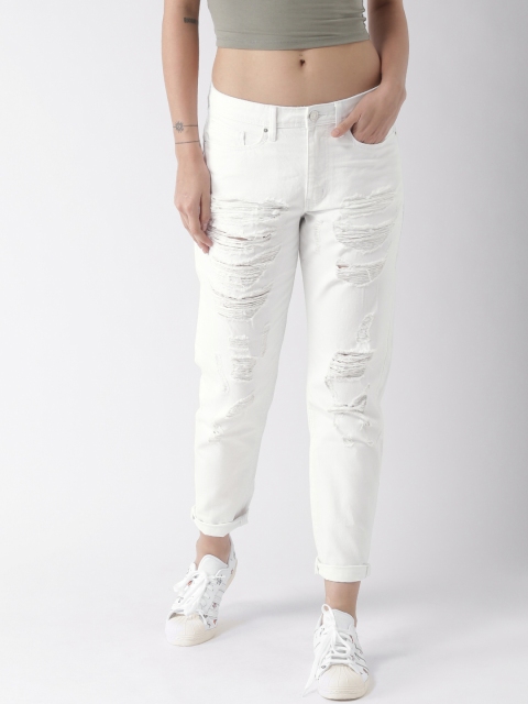 

FOREVER 21 Women White Mid-Rise Highly Distressed Jeans