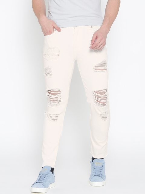 

FOREVER 21 Men White Slim Fit Mid-Rise Highly Distressed Jeans