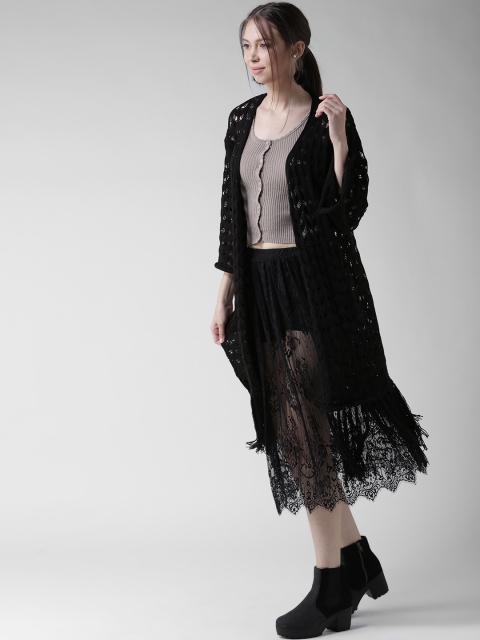 

FOREVER 21 Women Black Self-Design Longline Front-Open Cardigan