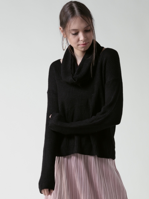 

FOREVER 21 Women Black Sweater with Attached Snood