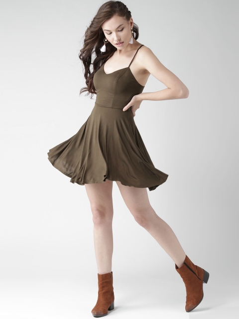 

FOREVER 21 Women Olive Brown Solid Fit & Flare Dress