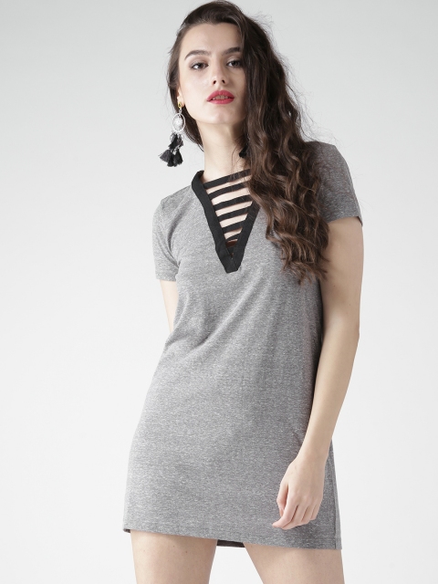 

FOREVER 21 Women Grey Melange Solid T-shirt Dress