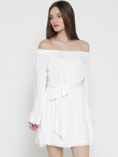 

FOREVER 21 Women White Solid Off-Shoulder Fit & Flare Dress