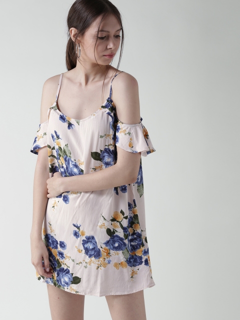 

FOREVER 21 Women Peach-Coloured & Blue Floral Print A-Line Dress