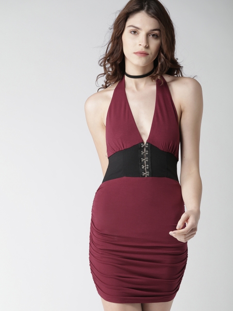 

FOREVER 21 Women Burgundy Solid Bodycon Dress