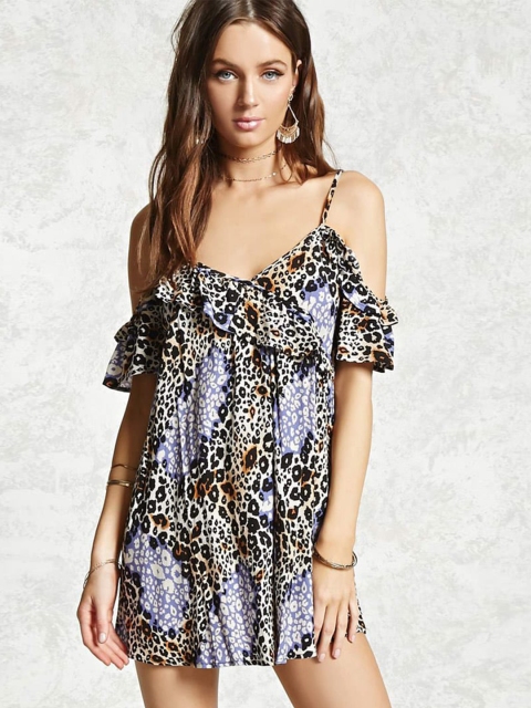 

FOREVER 21 Women Blue & Black Animal Print Cold Shoulder A-Line Dress