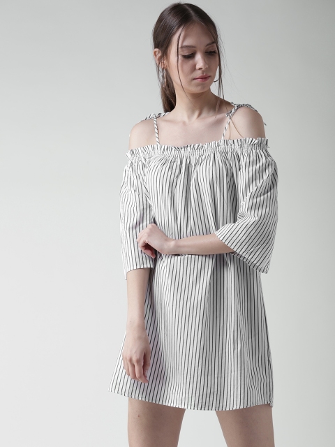 

FOREVER 21 Women White & Navy Striped A-Line Dress