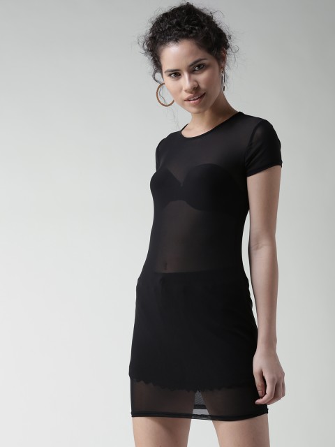 

FOREVER 21 Women Black Solid Sheer Bodycon Dress