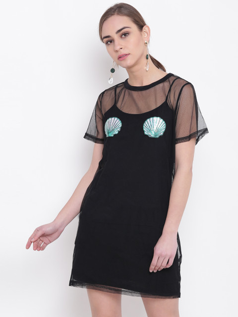 

FOREVER 21 Women Black Solid Sheer Shift Dress