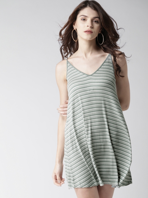 

FOREVER 21 Women Olive Green & White Striped A-Line Dress