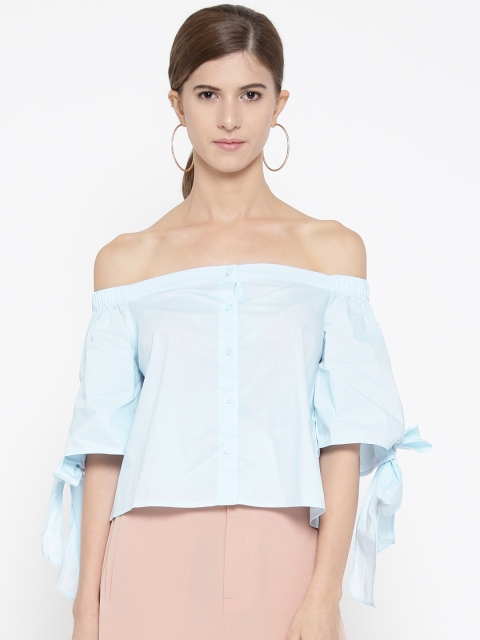 

FOREVER 21 Women Blue Solid Bardot Top