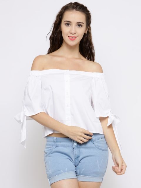 

FOREVER 21 Women White Solid Bardot Top