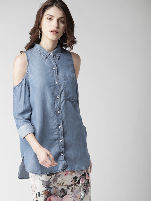 

FOREVER 21 Women Blue Chambray Cold Shoulder Casual Shirt