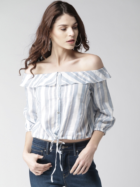 

FOREVER 21 Women Blue & White Striped Bardot Top