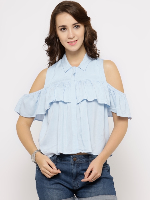 

FOREVER 21 Women Blue Solid Ruffled Casual Shirt
